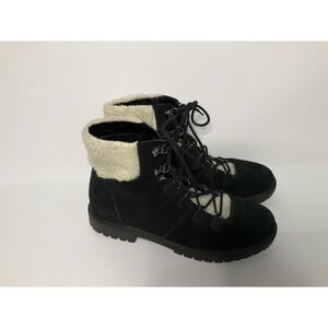 Marc Fisher Women's Lace Up Ankle Boots Black Faux Fur Sherpa Trim Size 8 Winter